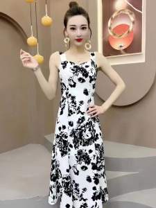 New Chinese Style Water-Mark Print Halter Dress Slimming Floral Design Summer Fashionable Waist-Cinching Midi-Length Gown