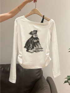 White Strapless Shoulder Bared Long Sleeve Printed Base Shirt Womens Inner Wear Outer Wear Fashionable Spring Autumn Top