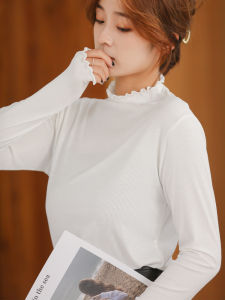 Áo Thun Modal Tay Dài Thời Trang Thu Xuân Cho Nữ Cổ Cao Viền Ren Lượn Lờ Áo Sơ Mi Cơ Bản Đa Năng Áo Thun Cổ Tròn