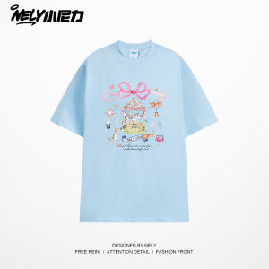 Loose Butterfly Knot Rotating Horse Couple Short Sleeve T-Shirt NELY Summer Breathable Cotton round Neck Print Casual Top