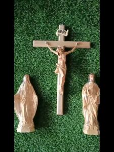 Bộ 3 tượng thờ công giáo Đức Mẹ Ban Ơn Thánh Giuse 30cm Thánh Giá Chúa chịu nạn 50cm vân gỗ 3D chất liệu nhựa composite mới