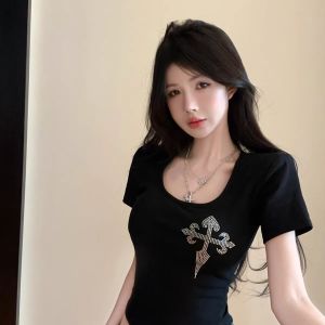 Áo Thun Cotton Tay Ngắn Phong Cách Retro Mỹ Cho Nữ Mùa Hè Thiết Kế Ôm Vừa Vặn Sáng Tạo Tông Màu Đơn Sắc Có Đính Đá