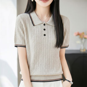 SHEHAN | Slimming Polo Collar Contrast Color Ice Hemp Summer Casual Short Sleeve T-Shirt