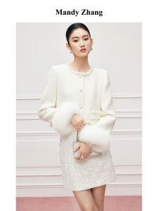 Luxurious Fox Fur Sleeves Short Coat Light Spring With Intricate Beading And Imitation Pearl Buttons