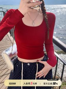 เสื้อยืดคอกลมแขนยาวทรงสลิมฟิตสำหรับผู้หญิง ฤดูใบไม้ผลิและฤดูใบไม้ร่วง สีแดง 2025 ใหม่ ดีไซน์คอวี เสื้อชั้นในด้านในเสื้อผ้าทำงานสไตล์เกาหลี