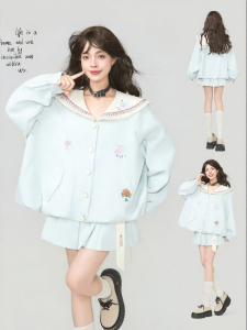 KEIKO | Bộ Đồ Phong Cách Học Sinh Có Cổ Thủy Thủ Màu Xanh Hình Hoa Cho Bé Gái