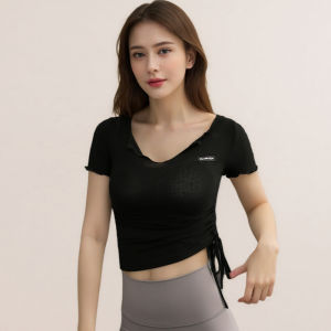 Quick Dry Breathable Yoga T-Shirt Womens Short Sleeve V-Neck Fitness Tight Short Style Ultra Elasticity Casual Style
