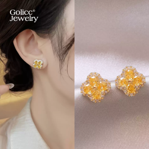 golicc | Bông Tai Hình Clover Đá Cubic Zirconia Màu Vàng Đơn Giản Duy Nhất Bạc 925