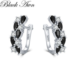 Black Awn 2023 Classic Silver Color Jewelry Black Spinel Stone Cute Stud Earrings for Women Bijoux Femme Boucles doreilles I228