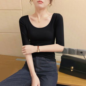 Smoky Gray Pure Cotton Half Sleeve U Collar Low Collar Big Neckline T-Shirt Womens 2023 New Arrival Silm Half Sleeve Shirt Bottoming Shirt