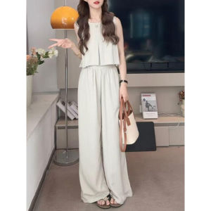 Shalldoer | ชุดทำงานแขนกุดคอตั้งเอวสูงขายาวสองชิ้นสำหรับผู้หญิง ชุดทำงานฤดูร้อนสีพื้น ชุดทำงานลำลองสำหรับผู้หญิง