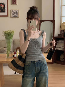 CHOEFULYN | Tempting Style Bow Wooden Ear Decorated Cami Top Fake Two-Piece