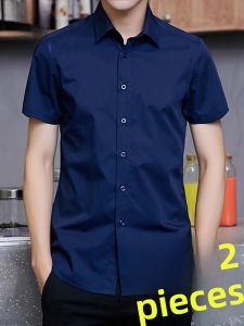 ROMON | Lormen Mens Short Sleeve Ice Silk Casual Shirt Thin Summer Business Pure Color Top Fashion Urban Style Polyester Cotton Blend