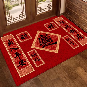 Cute Panda Red Door Mat Home Entrance Rug Modern Chinese Style Long Rectangle Self Cleaning Anti Dirty Dustproof Wear Resistant