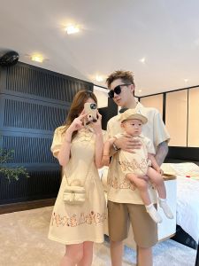Bộ Quần Áo Mùa Hè Cho Gia Đình Ba Người Mẹ Và Con Trai Tay Ngắn Váy Cho Mẹ Và Con Trang Phục Hanfu Phong Cách Hàn Quốc Cotton Thường Ngày