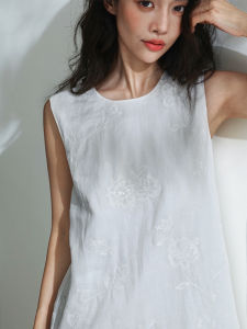 Miccbeirn | Pure Flax Sleeveless Embroidered Dress Glittering Tassel A-Line Simple Long Dress Vintage Atmosphere Commute Style Summer Dress