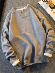 Slim Fit Knitwear V-Neck Solid Color Base Layer round Neck Sweater for Men Trendy Autumn Winter Casual Long Sleeve Knitted Shirt