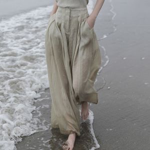 Alisa.Sonya Womens Soft Fabric Pants with Half Lining Casual Slim Fit  High Waist Wide Leg Loose Ivory Beach Pants SIZE UP GIRLS