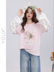 YOUXIANG | Áo Thun Nhiều Lớp Có Ren Hồng Phong Cách Hàn Quốc