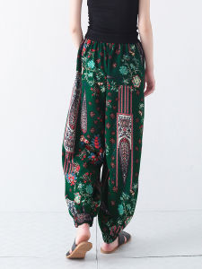Boho Ethnic Style-wide Leg Pajama trousers-Green Printed-Shark Tooth Edge detail-Lightweight breathable-Chic Urbanwear