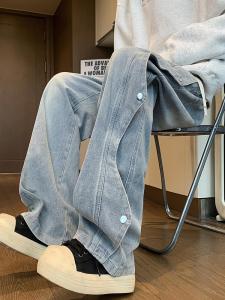 Casual American Style Mens Workwear Jeans Straight Leg Patchwork Long Pants Leisure Teenagers Middle Waist Regular Thickness