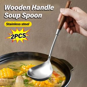 2Pcs Long Wooden Handle Soup Spoon Ladle Serving Tablespoons Stainless Steel Tableware Hot Pot Spoon
