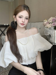 GUZILIAN | Elegant Short Silk Shirt Womens Summer New Style Floral Edge Pleated French White Top Sweet Style Loose Fit No Sleeve One Shoulder