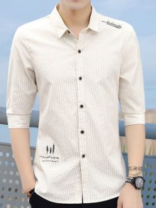 Talented Youth Mens Shirt Handsome Striped Mid-Sleeve Seven-Quarter Casual Iron-Free Fashionable Polyester Blend Spring Summer