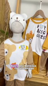 FAWA Setelan Crunchy Bear uk Bayi -2 Tahun / SNI Baju Tidur Panjang Anak Laki laki Perempuan Set Stelan Piyama Katun Branded Baju Main Import 6-12 6-18 Bulan 1 th