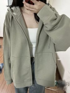 Heavyweight Pure Cotton Zipper Hoodie Jacket Womens Spring Autumn Lazy Chic Early Autumn Zipper Hooded Open Cardigan