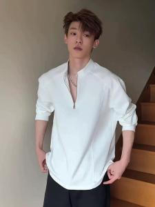 Autumn New Casual White Long Sleeve Zipper Collar T-Shirt