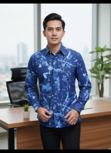 Kemeja Batik Motif Kemensos Ciprat Lengan Panjang. Warna Biru Navy Bahan Katun Lapis Furing