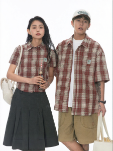 JNXS | American Retro Coconut Grid Short Sleeve Shirt Loose Summer Wear
