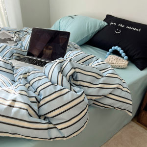 Korean Style Mixed Stripe Pure Cotton Three-Piece Bedding Set Letter Embroidery All Cotton Duvet Cover Simple Student Three-Piece Bed Sheet