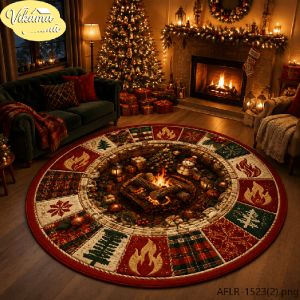 VIKAMA 3D Nutcracker Soldier Round Rug Flannel Non Slip Circular Carpet Gift Walnut Lantern Pattern Living Room Floor Mat Xmas