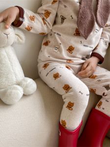 Pure Cotton Fleece Childrens Home Clothes Set Baby Cat Pattern Underwear for Boys And Girls Warm Home Clothes for Middle And Big Kids