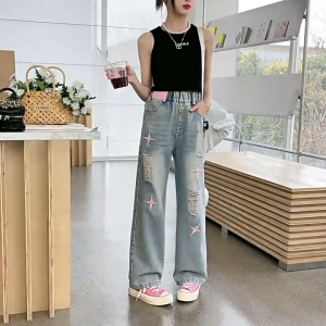 🌼พร้อมส่ง🌼กางเกงเด็กหญิง กางเกงยีนส์เด็กหญิง ขายาว เอวสูง เอวยางยืด กางเกงเด็กไซส์ 130-160