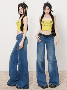 กางเกงยีนส์ทรงขาบานเอวต่ำสไตล์ย้อนยุคสำหรับผู้หญิง กางเกงขายาวทรงตรงผ้าฝ้ายผสมสีเข้ม ฤดูร้อน 2025 กางเกงขายาวทรงหลวม