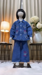 Setcel jeans bordir mickey full kancing anak perempuan usia 3 - 10 tahun | set denim celana kulot - pakian full jeans anak viral