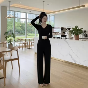 Set áo cổ tim tay dài kèm quần dài ống rộng KVYBODY S47 chất thun cotton borip lụa dày mịn co giãn