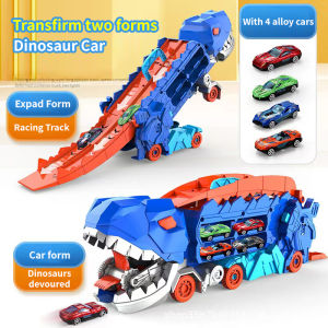 YUNLEO Kids Transformed Dinosaur Truck with Sliding Race Track Transforms into Standing T-rex Die-cast Toy Cars