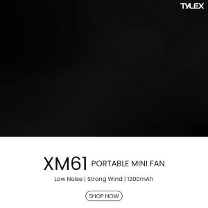Tylex XM61 Portable Mini Fan: Rechargeable Strong Wind 1200mAh Battery Capacity Type-C Cable