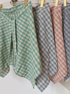 กระโปรงสั้นผู้หญิงสไตล์เกาหลีฤดูร้อน ผ้าชั้นในลายสก็อต กระโปรงสั้นเอวสูง กระโปรงสั้นผ้าผสมลายสก็อตแบบไม่สมมาตร