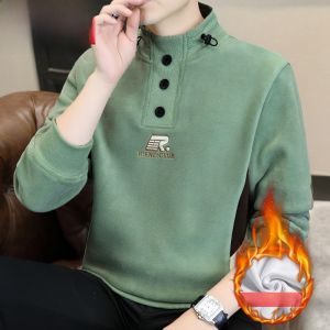 HENGYUANXIANG | Hengyuanxiang Mens Fleece Lined Hoodie Thickened Autumn Winter Style Half High Collar Long Sleeve T-Shirt Warm Base Shirt