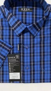 OWEN SALE - Áo Sơ Mi Owen Tay Ngắn Màu Xanh Navy Họa Tiết Caro Form Body Fit Lai Ngang Chính Hãng