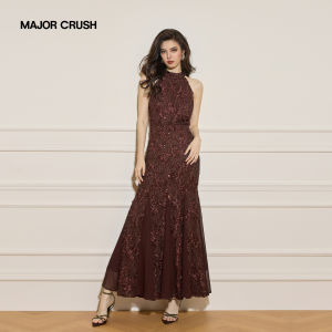 Dusk Floral Heavy Lace Halter Fish Tail Cheongsam Gown