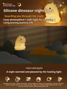ไฟกลางคืนไดโนเสาร์ LED พร้อมเซ็นเซอร์สัมผัส ไฟซิลิโคนแบบตั้งเวลาปิดได้ ชาร์จไฟผ่าน USB สำหรับห้องนอนข้างเตียง