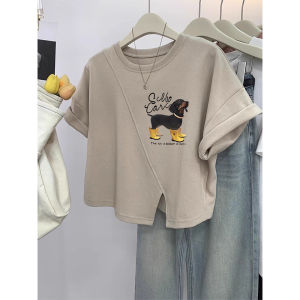 Summer New Design Short Sleeve T-Shirt Womens Korean Style Loose Fit round Neck Dog Print Casual Top Fashion Trend