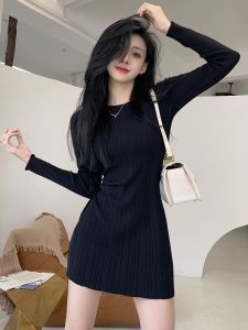 Black Knitted Dress Slim Fit Inner Wear Base Skirt Autumn Winter New Style Small Size Elegant Hebe Style Commute Long Sleeve round Neck