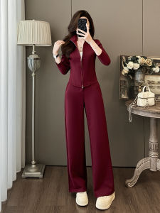 SUYE | Wine Red Fashion Leisure Sporty Zip-up Hoodie and Loose Pants Set